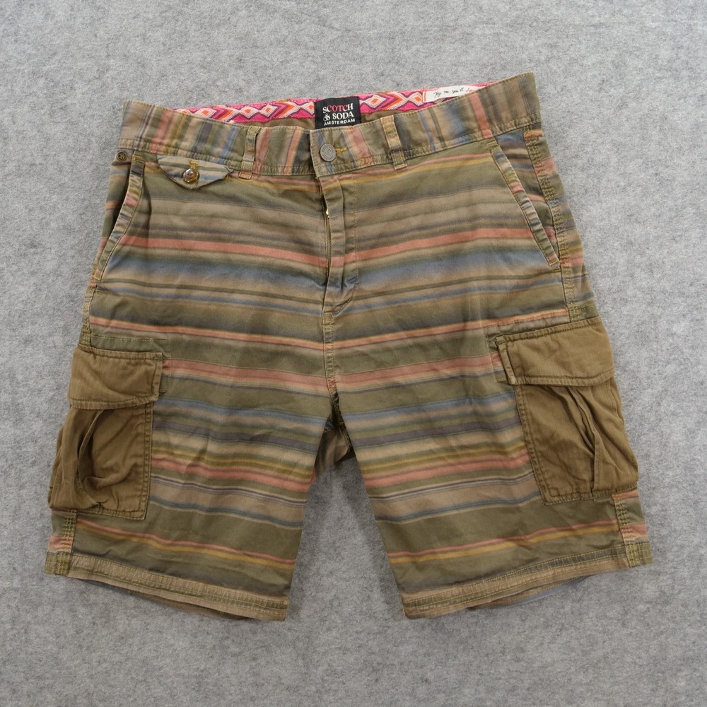 Scotch & Soda Shorts Mens 32 Brown Blue Cargo Pockets Striped Mid Rise